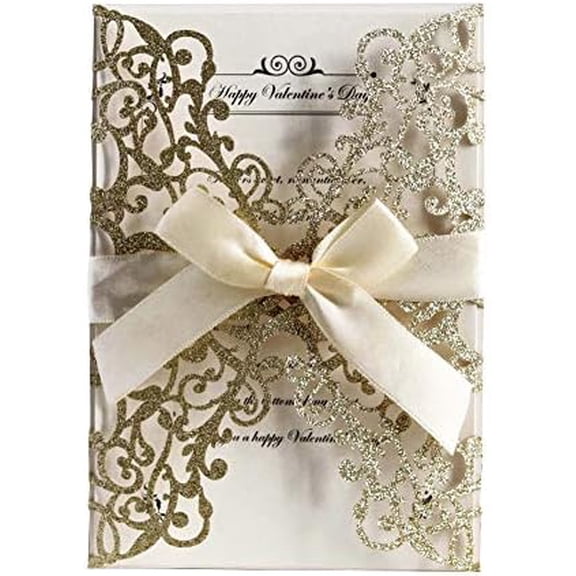 50Pcs Glitter Floral Laser Cut Wedding Invitation Cards with Envelope Blank Inner Sheet and Ribbon for Wedding Engagement Bridal Shower Party Invite(7.09 X 4.92inch, Gold)