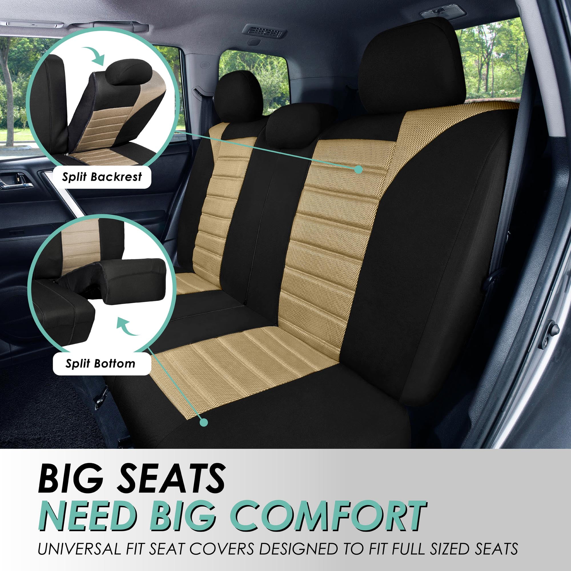 FH Group 3 Row Universal Fit Car Seat Covers Premium 3D Air Mesh with Removable Headrest,  Airbag Compatible for SUV, Sedan, Van Beige - 7 Seater