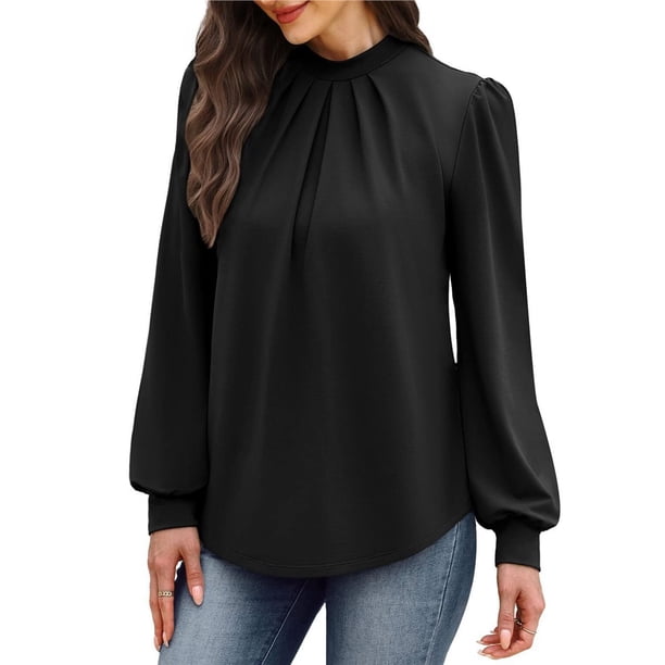 Camisas de Larga para Mujer, Blusas de Cuello Alto con Pliegues Delanteros, Ropa Informal Elegante para Otoño. Negro XL