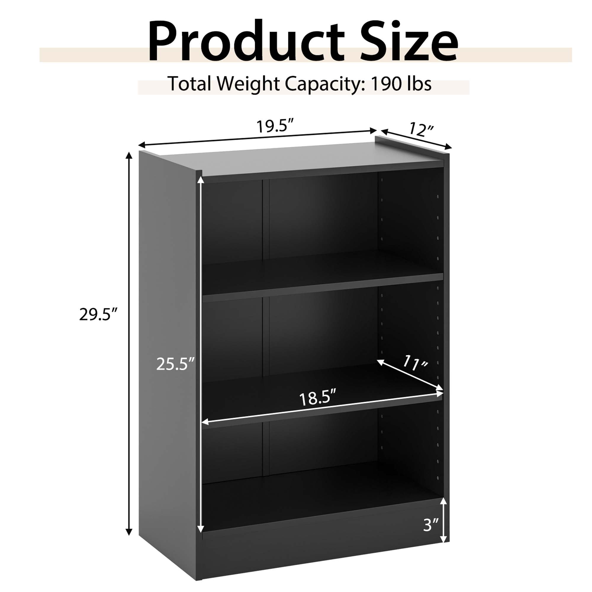 Costway 3-Tier Bookcase Open Multipurpose Display Rack Cabinet with Adjustable Shelves Black