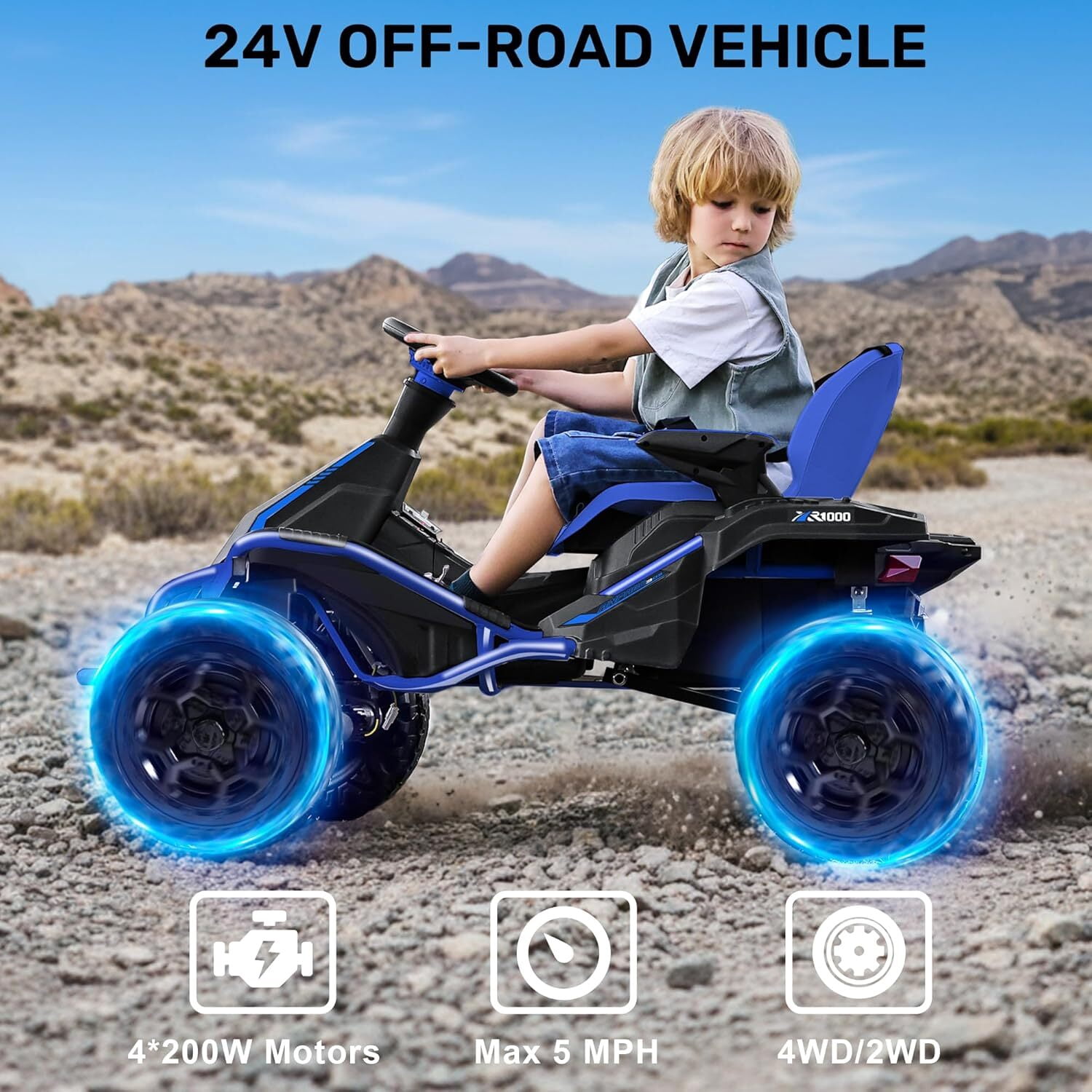 TOKTOO 24V Ride On Car for Big Kids, 4x200W Motors Kids ATV with Remote Control, Suspension, Music & LED Lights, Ride On Toys for Big Kids Ages 3-12, Blue