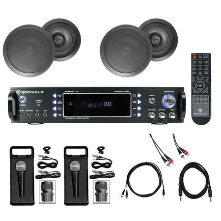 Karaoke Bluetooth Amp/Mixer+(4) 8 Black Ceiling Speakers+(2) Microphones
