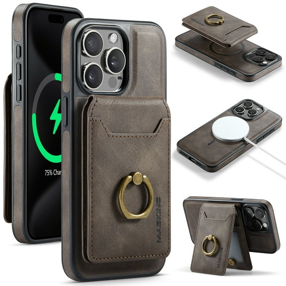 for iPhone 16 Plus Wallet Case with Removable Card Holder, 360° Rotation Ring Kickstand RFID Blocking PU Leather Magnetic Clasp Shockproof Rugged Phone Case Cover for Women Men,Coffee