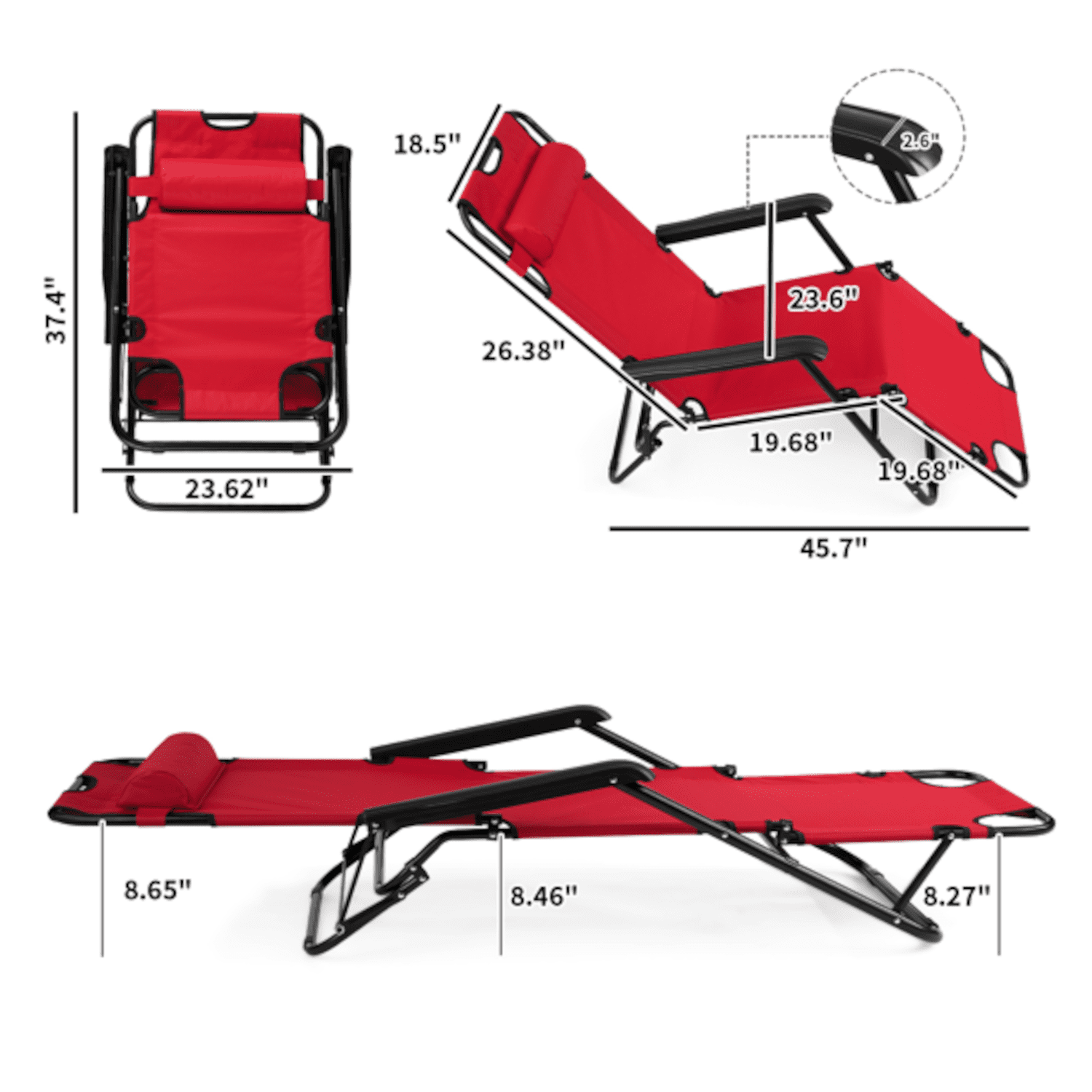 Alvantor 2-in-1 Folding Lounge Chair with Adjustable Recline, Pillow and Armrests, Red