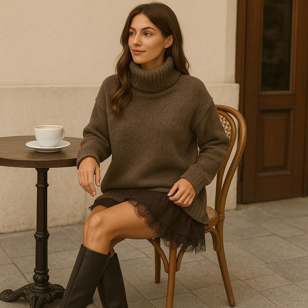 Women's Turtleneck Sweater Mini Dress Set, Oversized Knit Top with  Lace-Trim Slip Dress, Fall Winter 2-Piece Outfit - Walmart.com