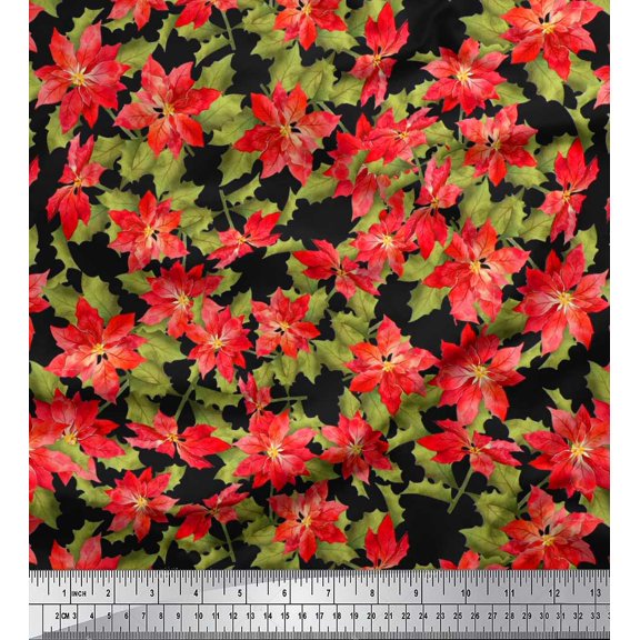 Soimoi Cotton Duck Fabric Holly Leaves & Floral Print Fabric by Yard 42 Inch Wide