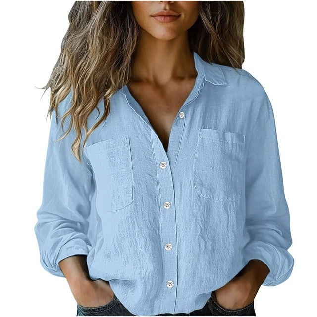 Ohufall Womens Linen Shirts Solid Turn Down Collar Comfy Work Blouses with Pockets Fall Casual Long Sleeve Button Down Shirts Work Tops