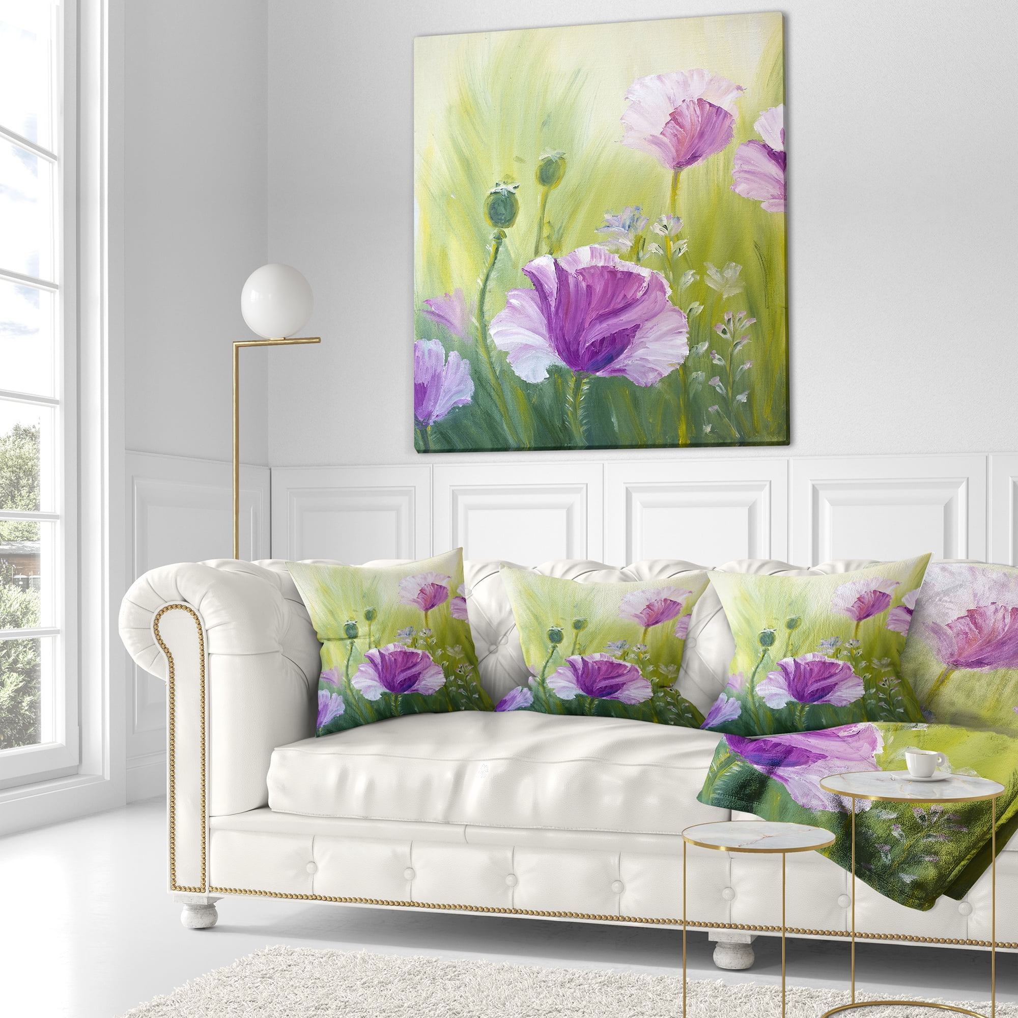 Designart Purple Poppies in Morning - Floral Throw Pillow - 18x18