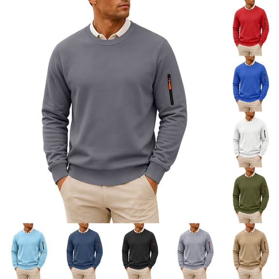 Thousandth Men's Zipper Pocket Sweatshirt Trendy Athletic Crewneck Top Functional Long Sleeve Pullover with Utility Sleeve