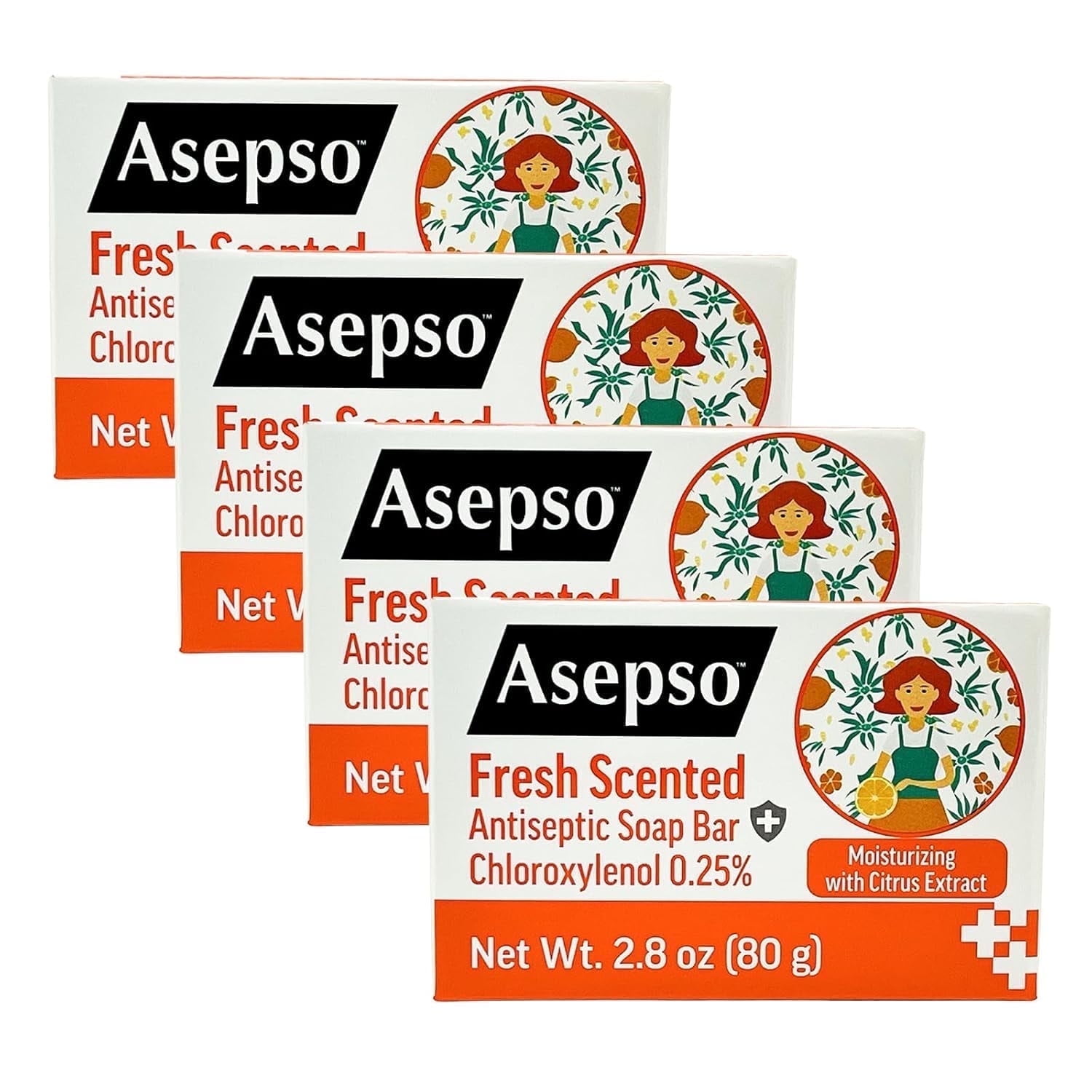 Asepso Antibacterial Soap Bar, Fresh - 4 Pack, 80g/2.8 oz Each - Moisturizing Citrus Extract Soap for Healthy Skin, Fights Skin & Heat Rash