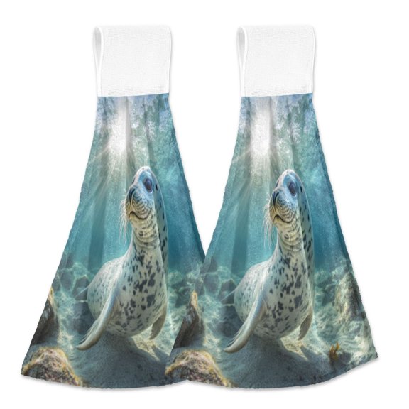 BZSMCE Hanging Hand Towels Fashion Serene Seal in Underwater Glow Pattern 2-Pack - Velcro Style Bathroom Kitchen Towels
