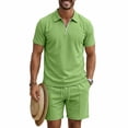 thumbnail image 3 of Havenre Men's Waffle Knit 2 Piece Outfits Summer Casual Half Zipper V Neck Collared T-Shirts and Drawstring Elastic Waist Atheltic Short Pants Set Fashion Tracksuits Green M, 3 of 10