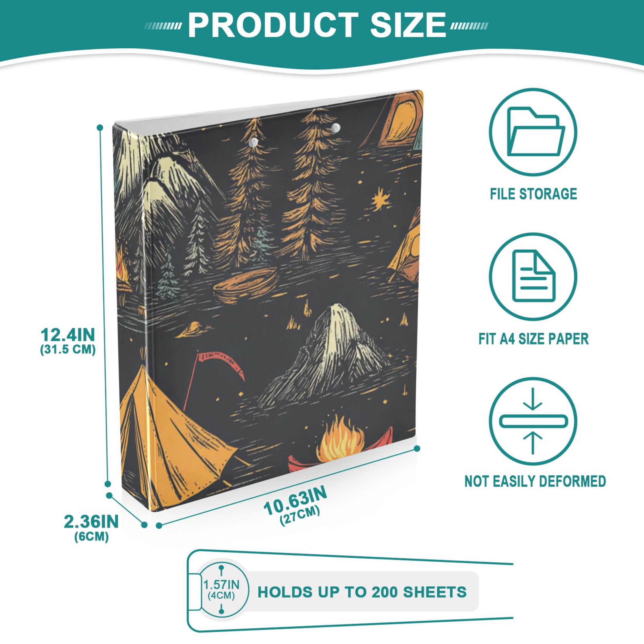 Camp Fire Trees 3 Ring Binders 1.5 inch Hardcover File Folders with Interior Pockets A4 Size Organizer for School Office Hospital
