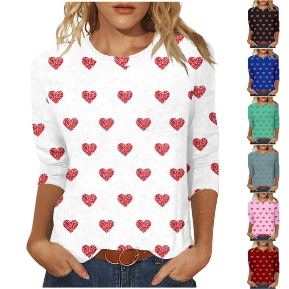 VKOYWKM Womens Spring Tops 3/4 Sleeve Valentines Day Shirts Love Graphic Tees Cute Tops Holiday T Shirts Casual Crew Neck Romantic Tshirts