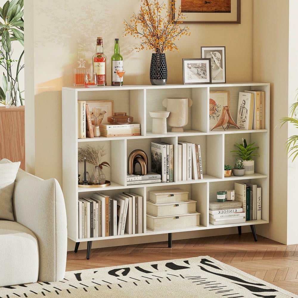 Resenkos 10-Cube Bookcase with 5 Tapered Metal Legs, White + Black