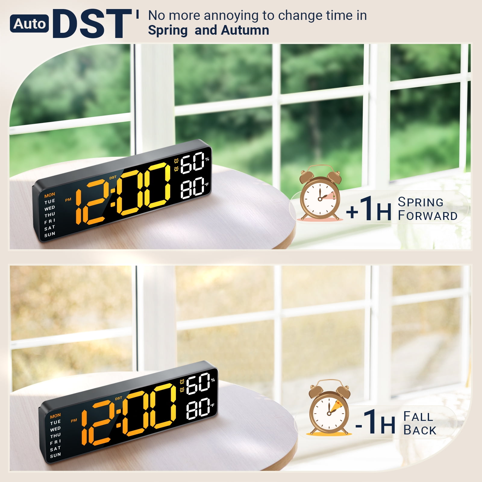 10" Digital Wall Mount Clock: Dual Alarm Wall Mount Decor Clock for Living Room Classroom Office Desk, House Warming Gifts New Home Decor, Orange