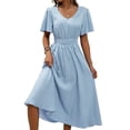 thumbnail image 3 of Women Casual Midi Maxi Dresses Polka Dot Print Short Sleeve V Neck Elastic Waist Boho Beach Dress Light Blue M, 3 of 9