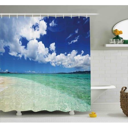 Open Sea Art Ocean Shower Curtain, Island Sea Life Wavy Bright Open Sunny Sea Shore Sand Beach Art Print Image, Fabric Bathroom Set with Hooks, 69W X 70L Inches, Bue Teal Cream White, by Ambesonne ()