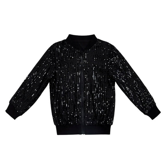 Sequin Jackets Girls Solid Color Long Sleeve Zip Up Jacket For Kids Christmas Shiny Fashion Clothes Girls Coat&Jacket Black 5Y/5 Y—6 Y