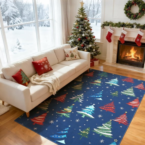 Blue 6x9 Washable Rug for Home Decor,Indoor Non Slip Carpet,Soft Low Pile Christmas Rugs with Xmas Tree Motif for Entryway,Living Room,Bedroom