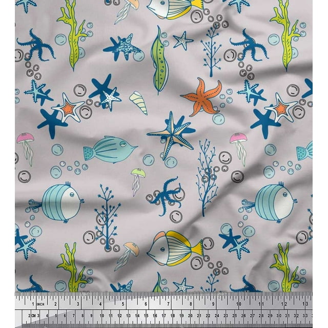 Soimoi Poly Georgette Fabric Fish,Coral & Starfish Ocean Decor Fabric Printed Yard 42 Inch Wide