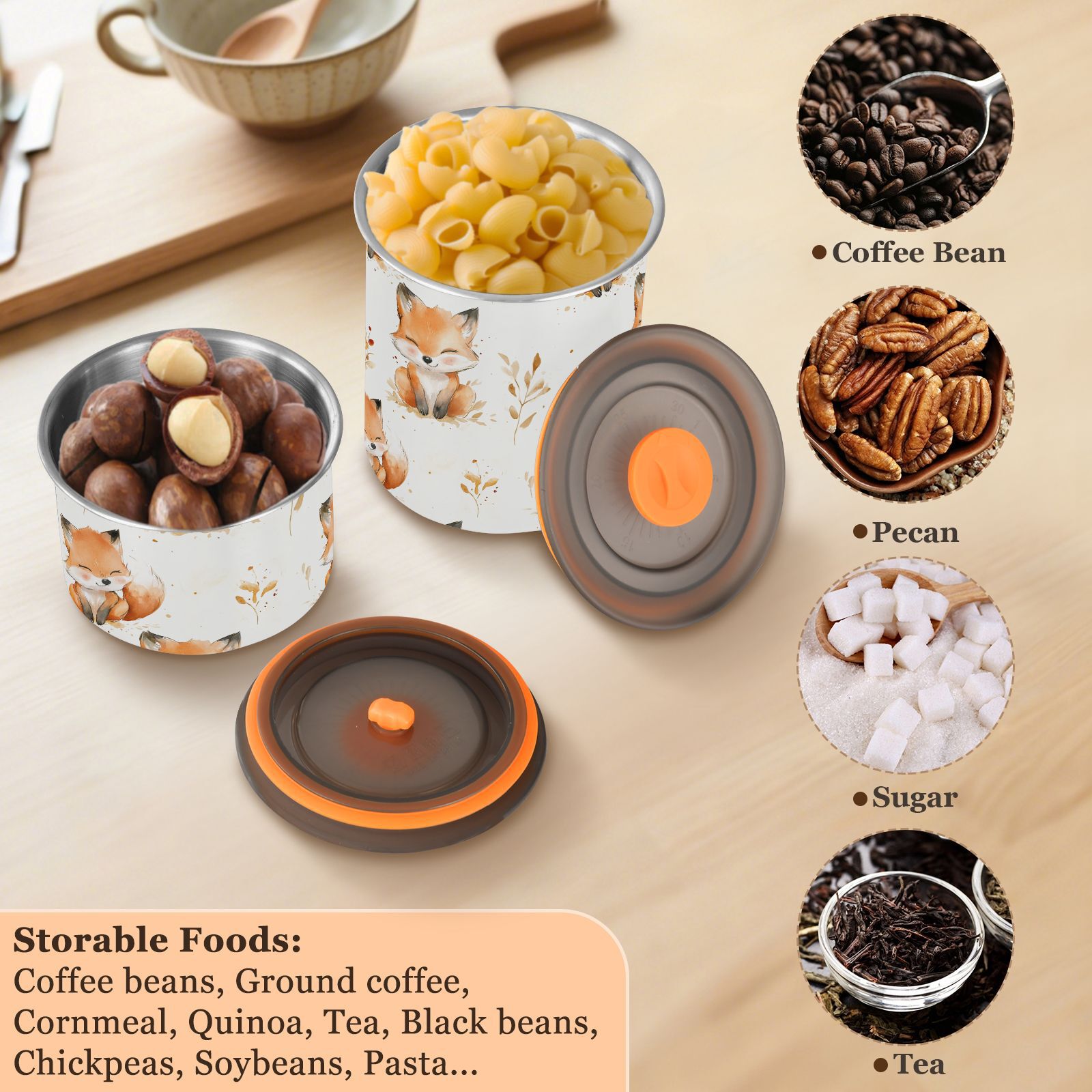 Cute Fox Watercolor Airtight Coffee Bean Canister 30oz Food Storage Containers with Lids For Gournd, Tea, Sugar, Flour, Rice, Cereal, Candy Cookie Jar