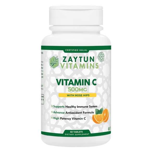 Zaytun Vitamins Halal Vitamin C 500mg Tablets with Rose Hips Extract for Immune Health Support, Natural Antioxidant, Non-GMO, Vegan, 60 Tablets - Halal Vitamins