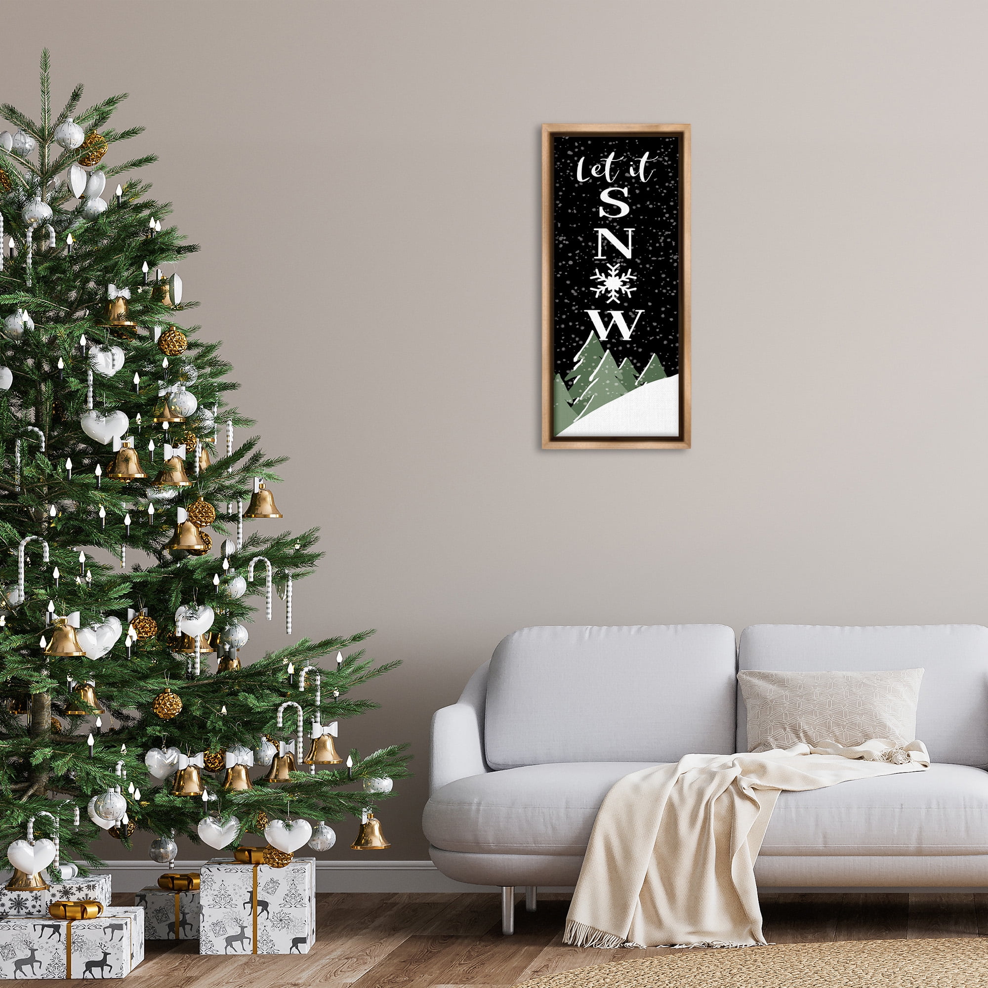 Stupell Industries Let It Snow Winter Scene Inspirational Painting Brown Floater Framed Canvas Art Print Wall Art, 15 x 31