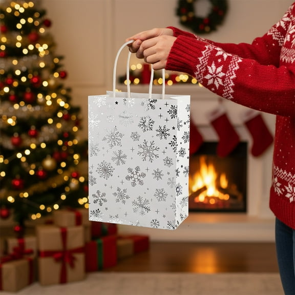 Christmas Gift Bags - Santa Claus & Gold Christmas Tree Printed Paper Tote Bags, 8.27x5.91x3.15in Holiday Party Candy Packaging Bags for Home Gift Wrapping Festive Favors