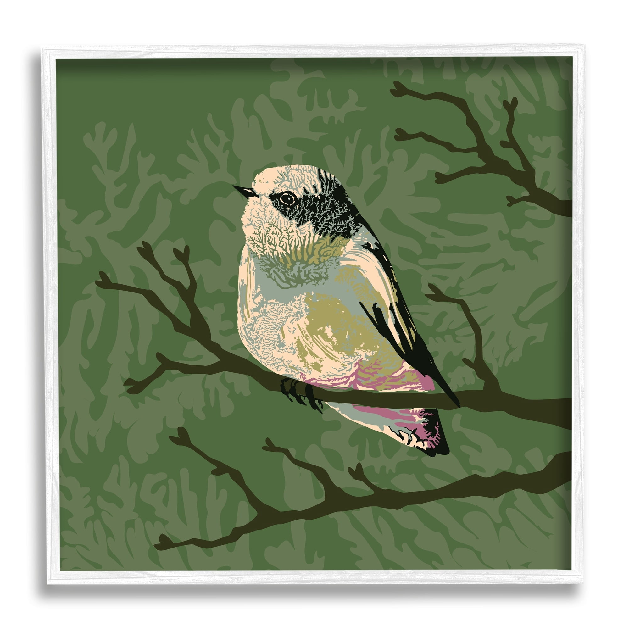 Stupell Industries Bird Perched on Tree Branch Wildlife Animal Portrait Graphic Art White Framed Art Print Wall Art, Design by Verbrugge Watercolor