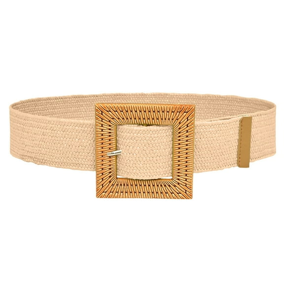 Beige Women Elastic Woven Casual Summer Belt Stretch Skinny With Wooden Buckle