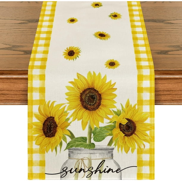 Camino de mesa de verano, jarrón de girasol amarillo brillante, diseño de rayas de granja de temporada, arpillera, decoración de mesa de comedor para cocina interior, aniversario, para fiesta en casa