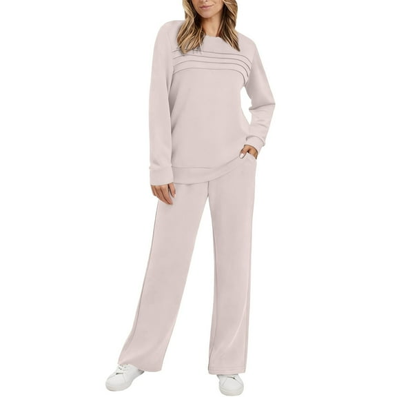 Women's 2 Piece Outfit Set, Long Sleeve Crewneck Top with Elastic Waist Wide Leg Pants, 2025 Fall New Casual Loungewear Set, Comfortable Relaxed Fit Matching Separates for Home and Travel Beige L