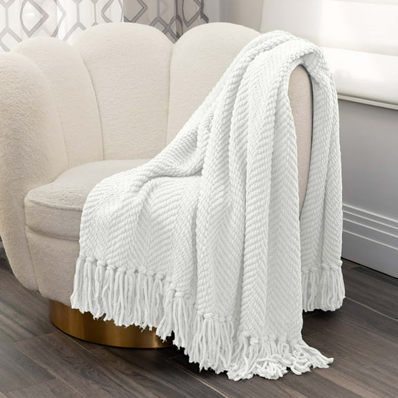 Nicole Miller Chloe Textured Soft Knit Throw Blanket with Tassels – for Home, Couch, Bed, Living Room - 50" x 60” (Ivory)