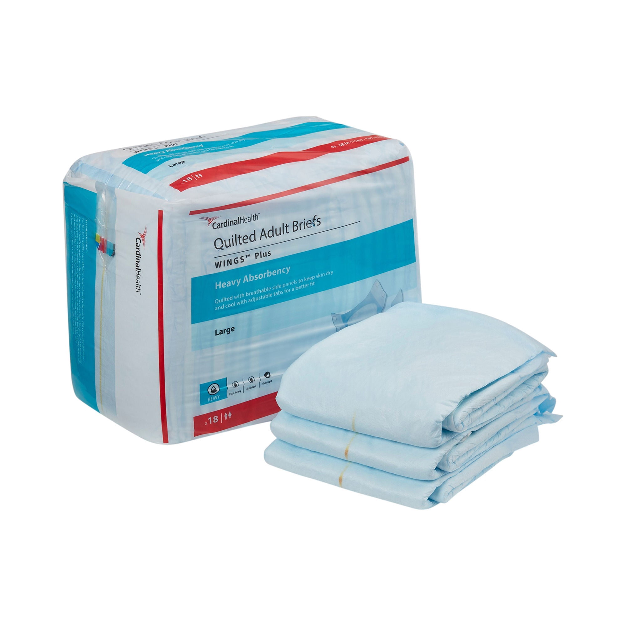 Wings Quilted Adult Briefs, Incontinence, Heavy Absorbency, Blue, Large, 18 Count, 18 Packs, 18 Total