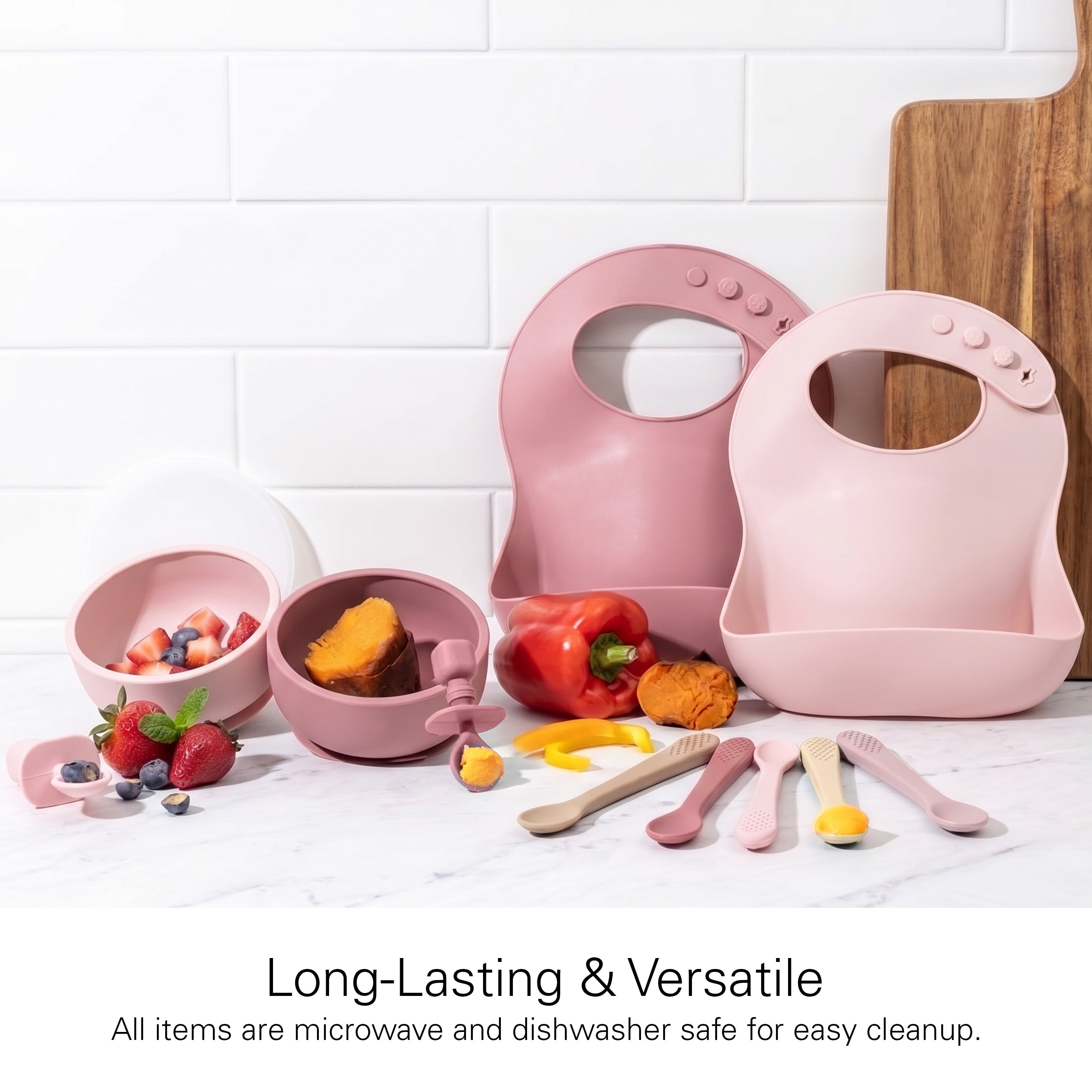 Baby Feeding Set, Silicone Bib, Bowl & Spoons for Self-Feeding First Stage Baby Essentials – Gum Friendly, BPA-Free, Easy to Clean & Safe for Babies, Pink