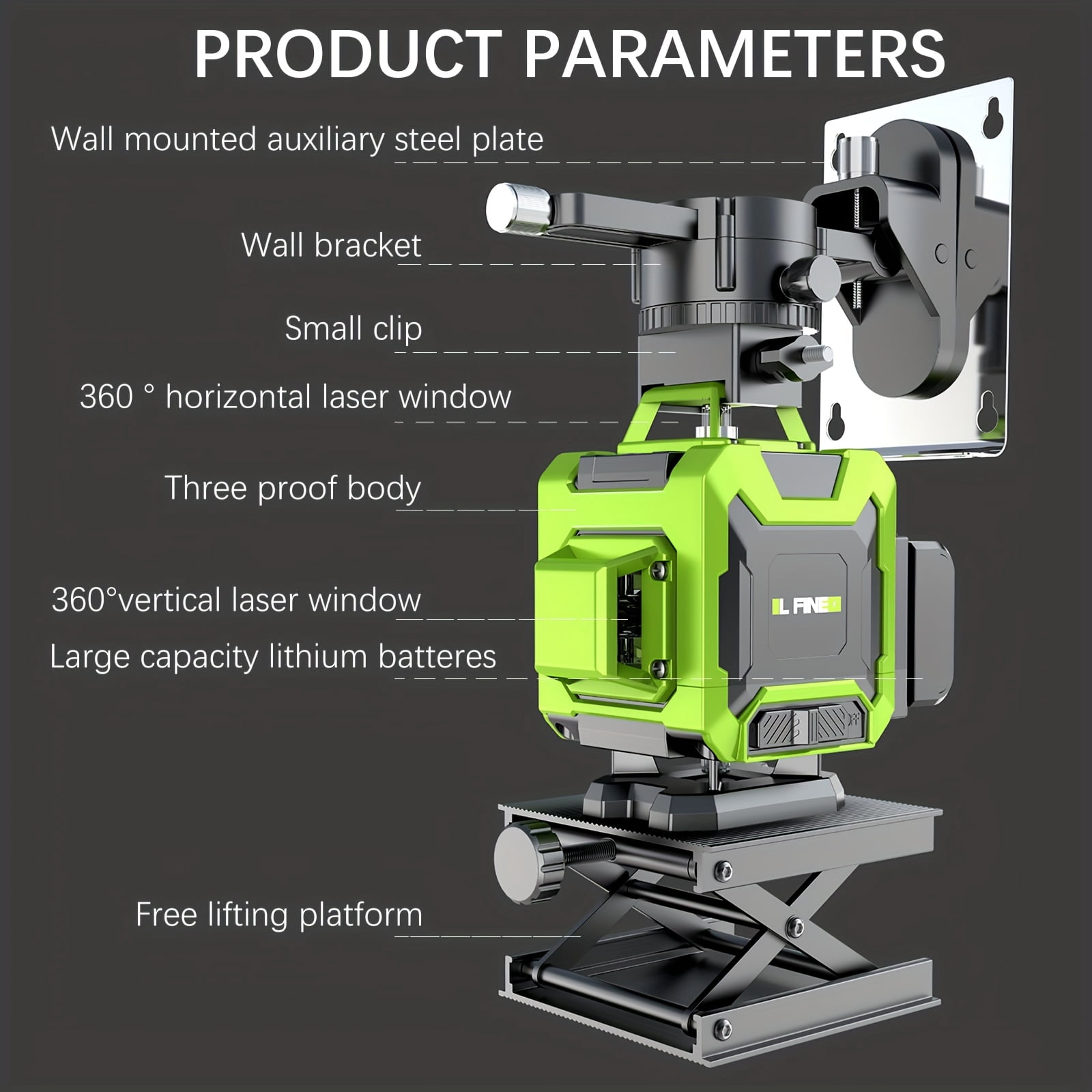 L-Fine Laser Level 16 Line 360 Self Leveling 4D Green Cross Line Adjustable Brightness Remote Control 65 ft