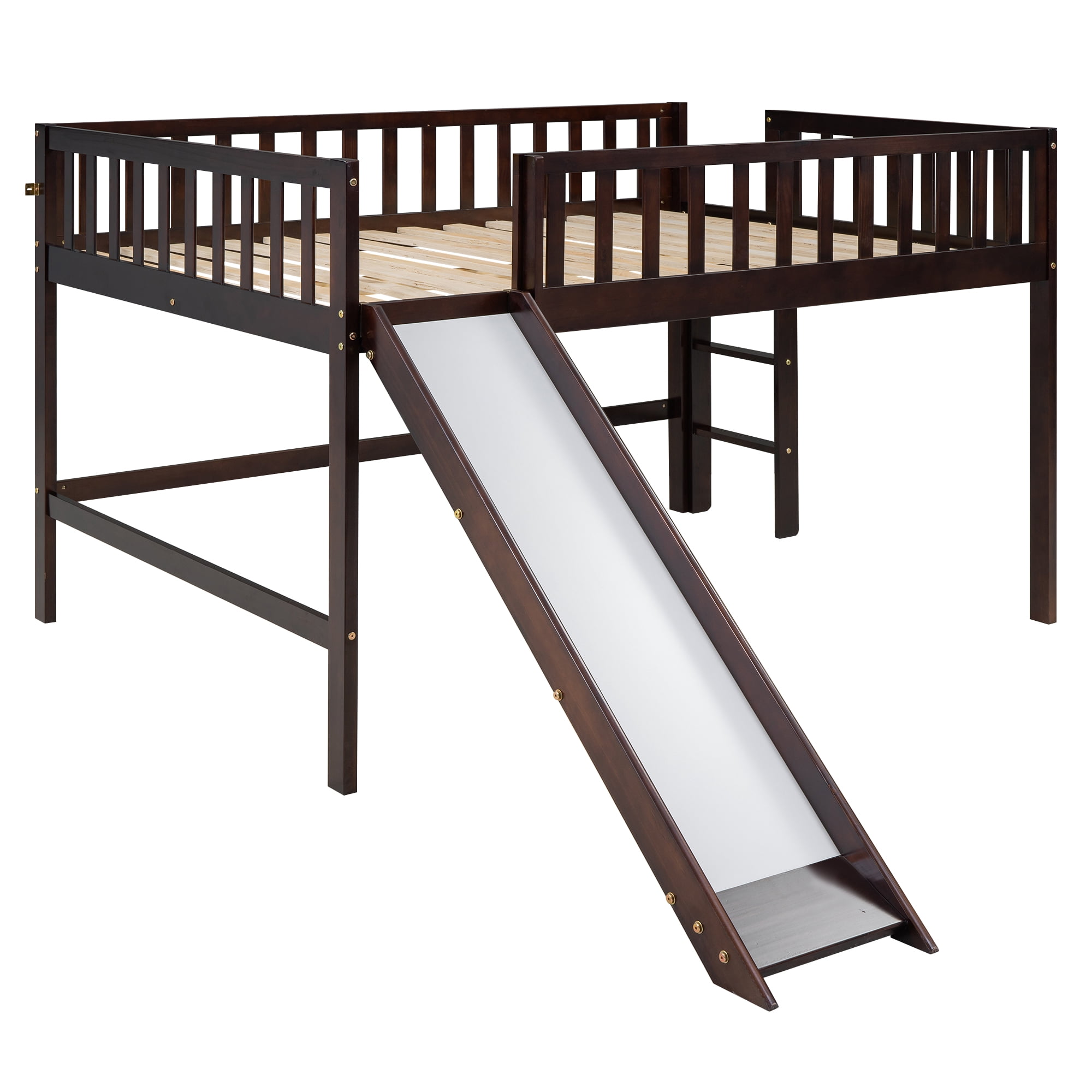 Euroco Wood Full Size Loft Bed, Low Profile Bed with Vertical Ladder and Slide for Kids Teens, Espresso