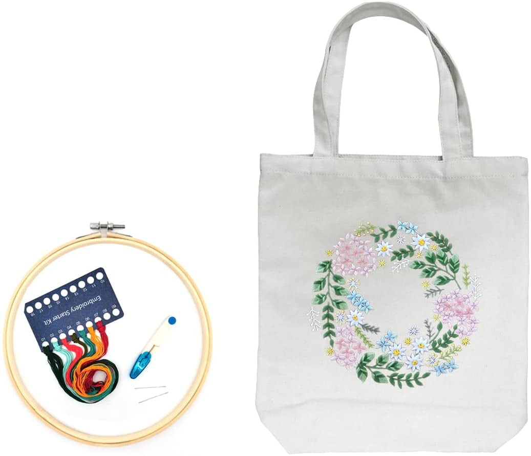 Maydear White Canvas Bag Embroidery Kit with prePrinted Pattern and