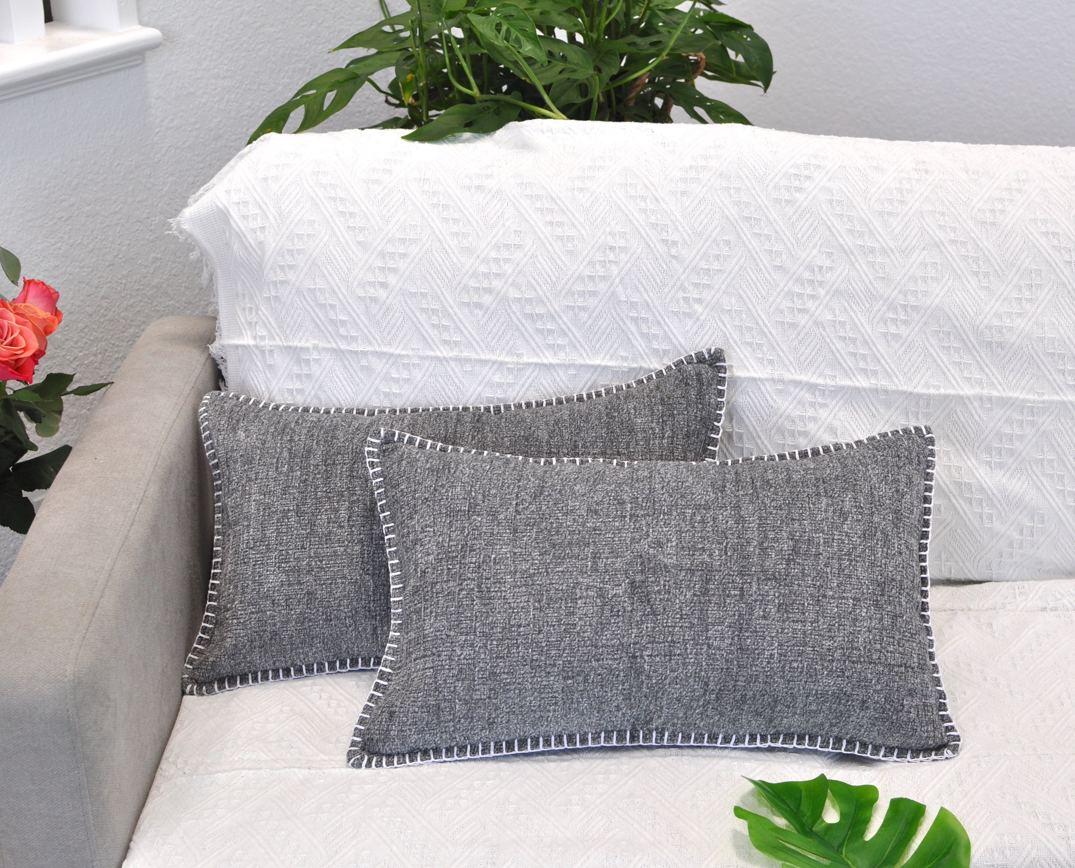 Small Lumbar Pillow Off-white and Gray Cute Lumbar Pillow Cover