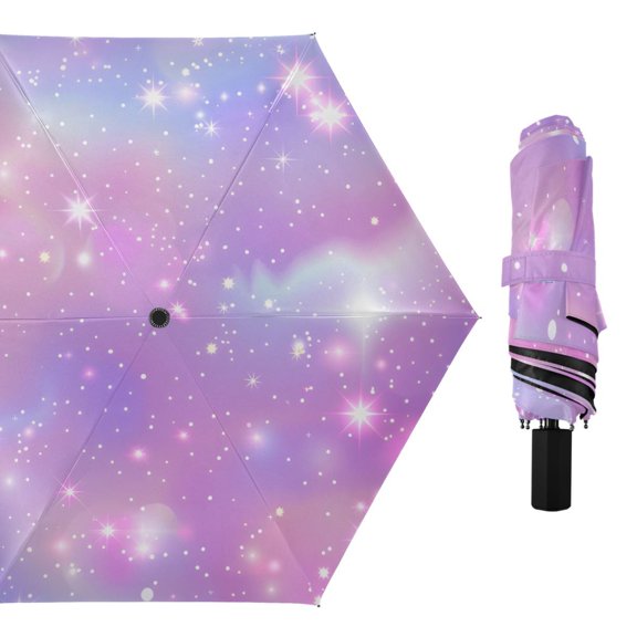 Pink Sky with Stars Compact Sun Umbrella Windproof Travel Umbrellas for Rain Strong Portable UV Protection