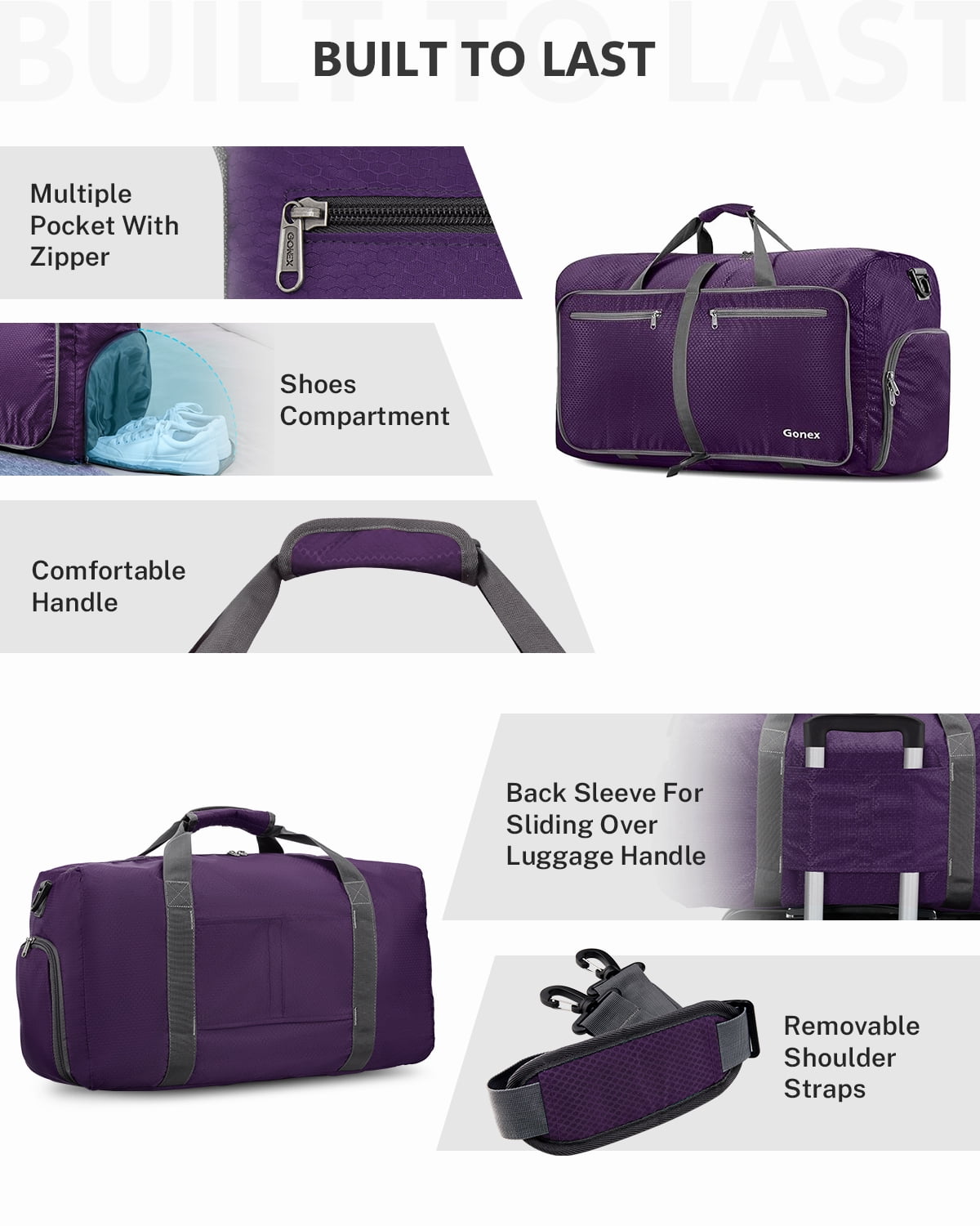 Gonex 40L Duffle Bag with Shoes Compartment, 21" Packable Travel Duffel Bags for Men Women, Water Repellent Overnight Weekend Bag