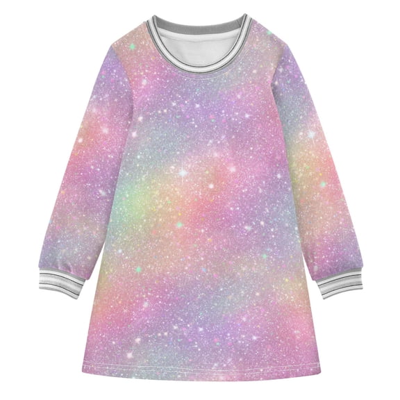 Girls' long-sleeved dress Pastel Rinbow Colors Girls' A-line dress with ribbed cuffs Soft and comfortable