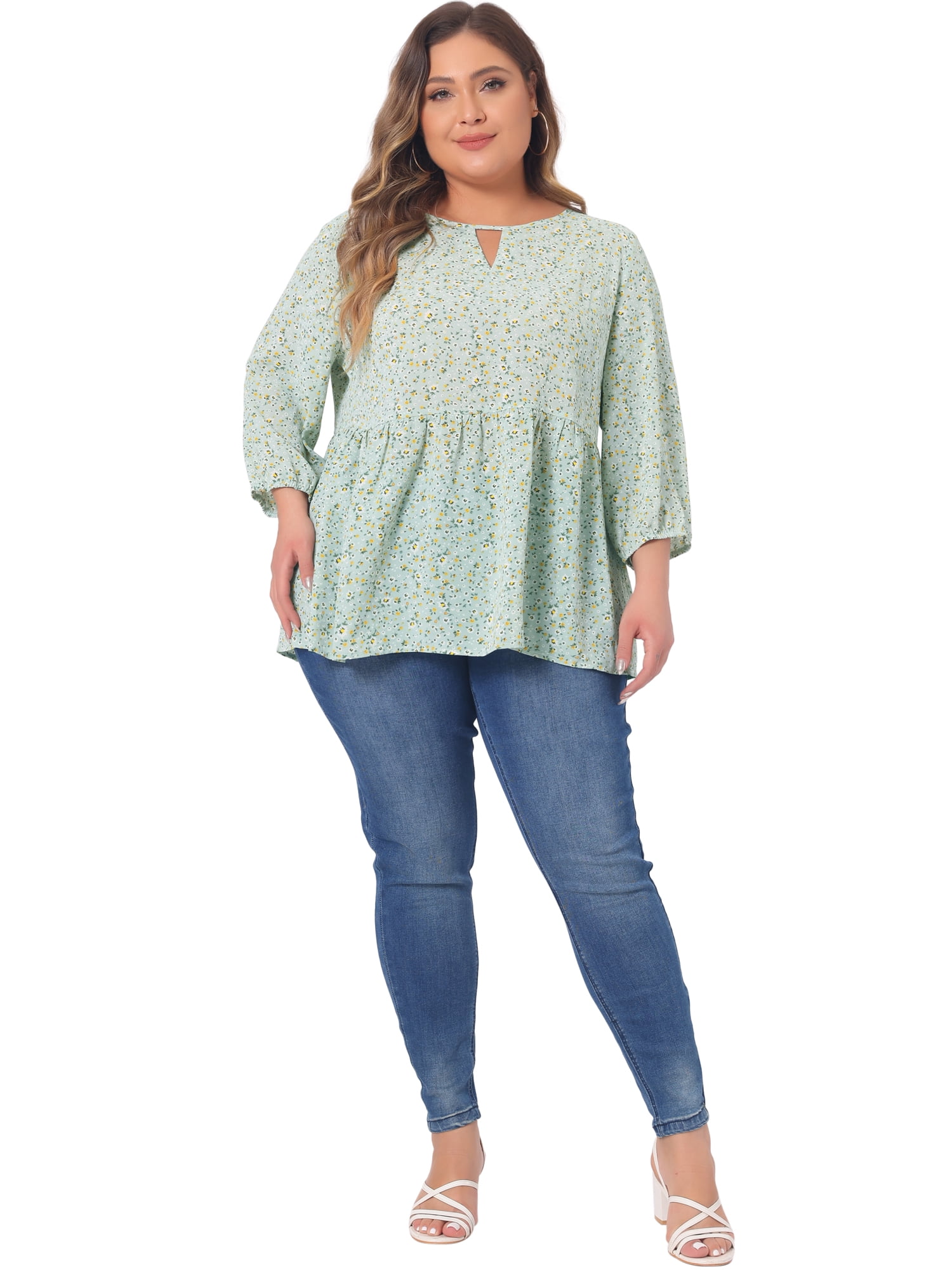 DARING DIVA Women's Plus Size 3/4 Sleeves Chiffon Keyhole Floral Tops 4X Light Green