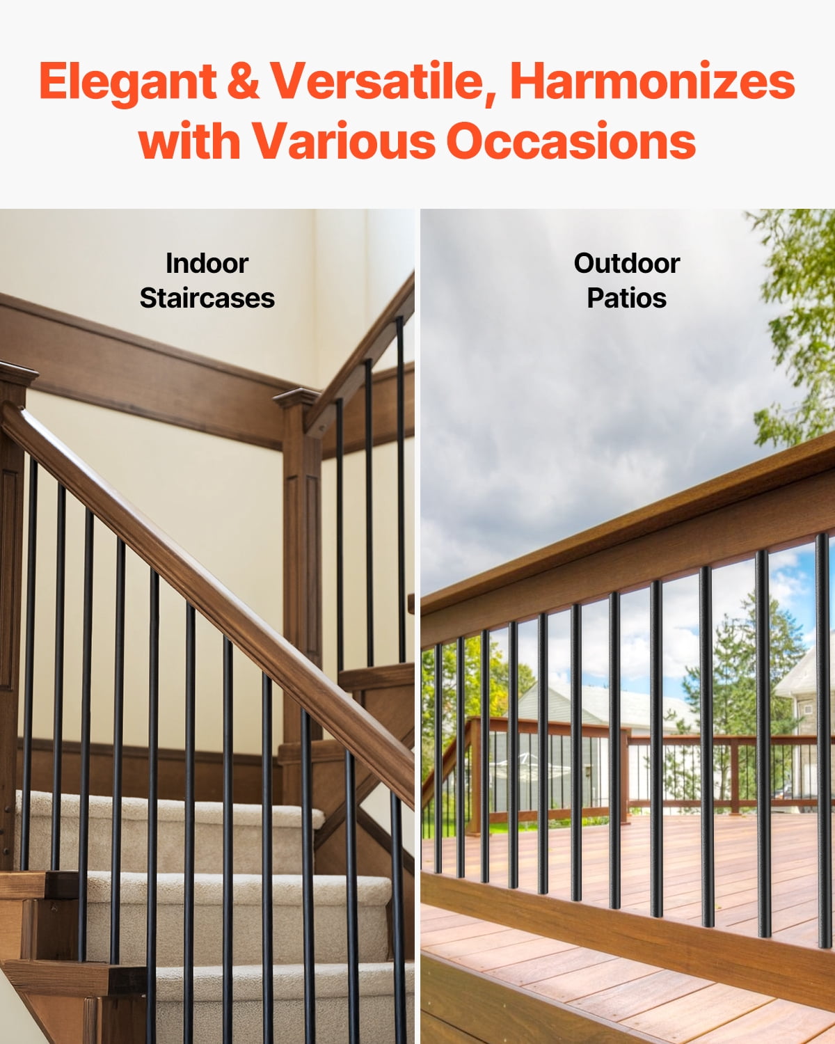 VEVOR Staircase Balusters 101 pack, 26 In Aluminum Stair Balusters, 3/4 In Rainwater-Proof Round Metal Spindle Railing, Durable Hollow Deck Railing with #19 Drill Bit for Stairs, Porch, Patio, Black