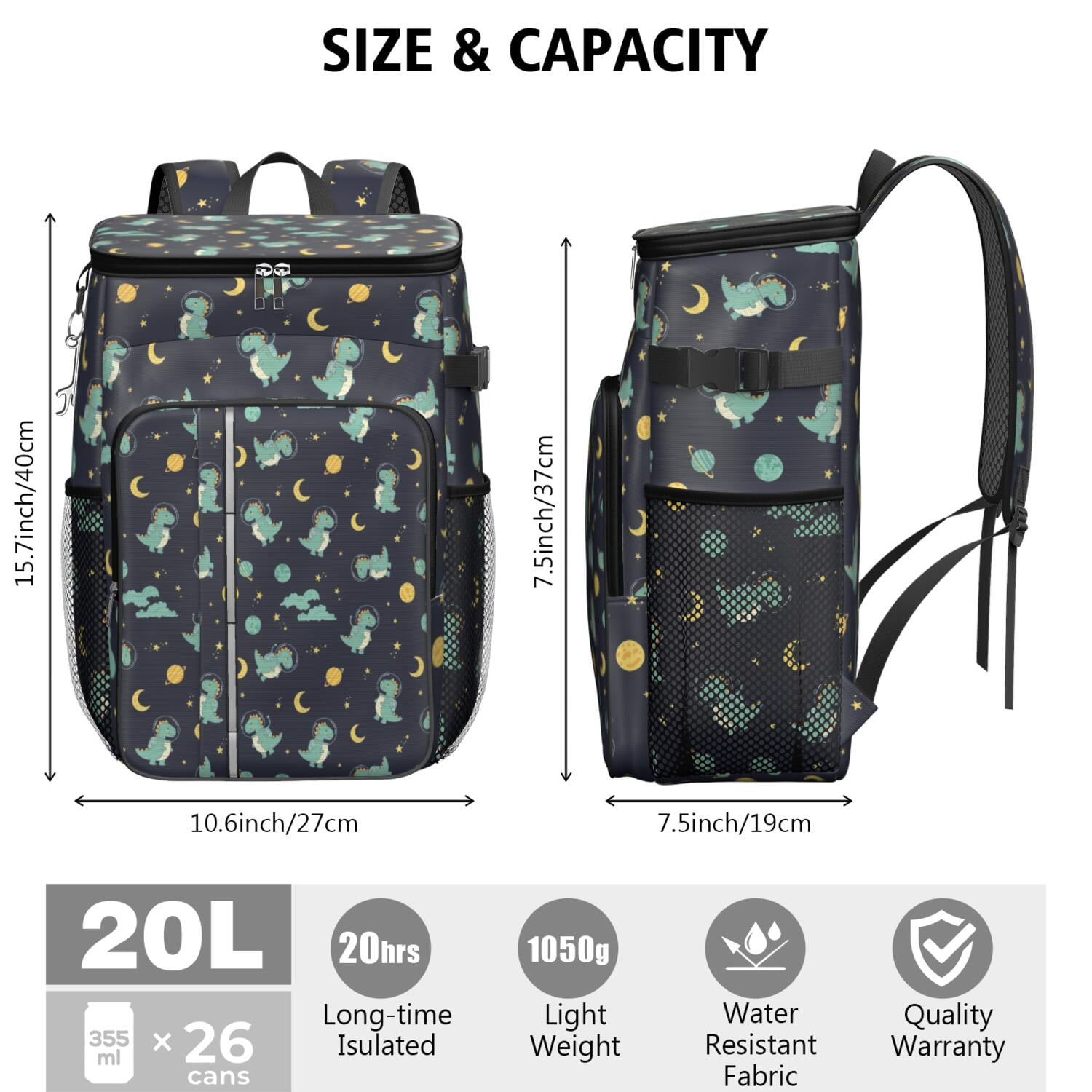 Travel Cooler Bag - Dark Blue Dinosaurs Space Pattern Camping Beer Cooler Backpack with Bottle Opener- Waterproof Insulated Picnic Backpacks - Cooler Bag for Beach