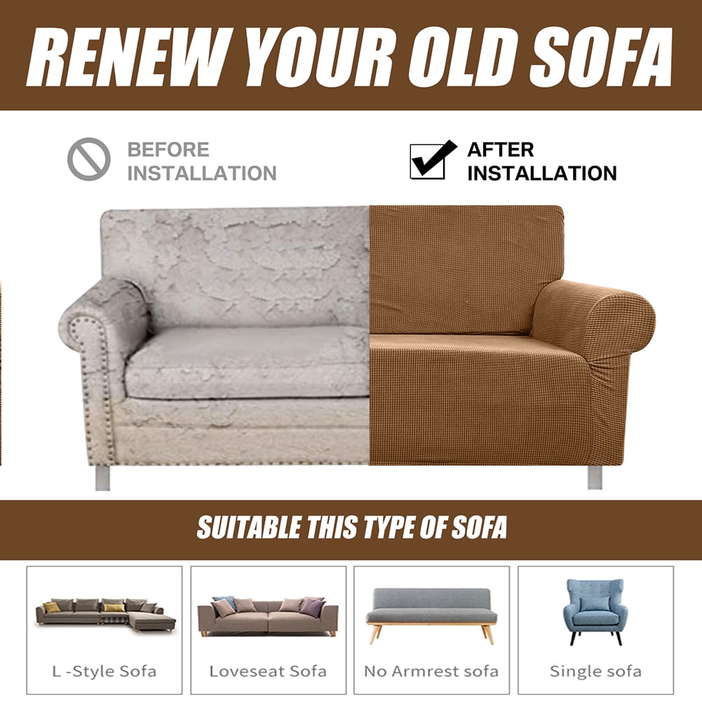 Stretch Sofa Slipcover 1-Piece Sofa Cover Furniture Protector Couch Soft with Elastic Bottom for Kids, Polyester Spandex Jacquard Fabric Small Checks with 1 Pillowcase(3 Seater, Coffee)