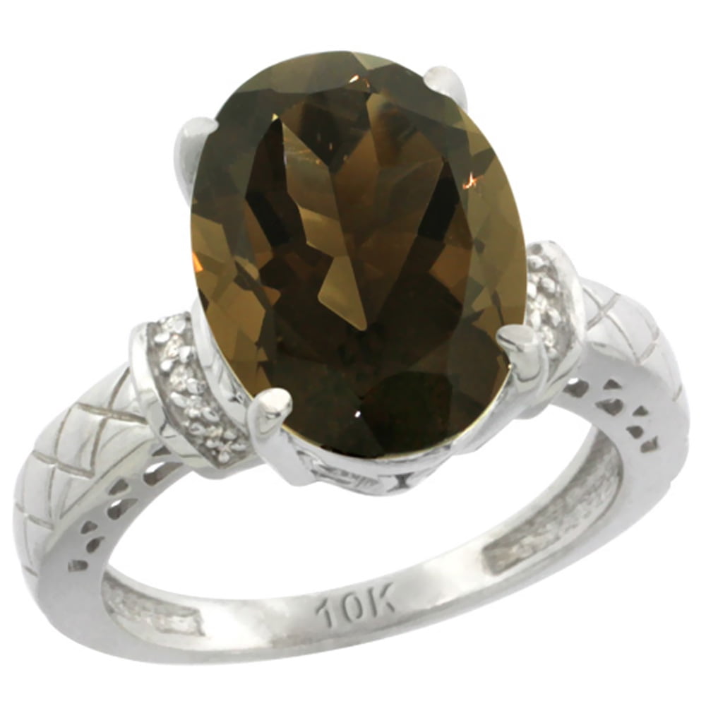 14K White Gold Diamond Natural Smoky Topaz Ring Oval 14x10mm, sizes 5-10 by WorldJewels
