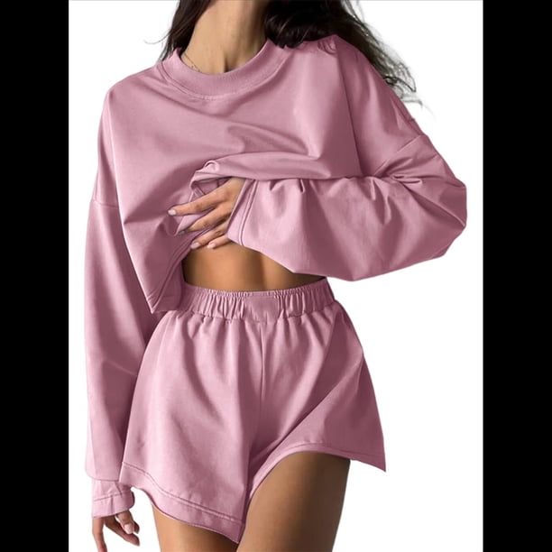 Conjuntos de 2 Piezas para Mujer, Pantalones Cortos Deportivos de Gran Tamaño, Conjunto Informal A Juego, Chándal, Ropa de Otoño Rosa M
