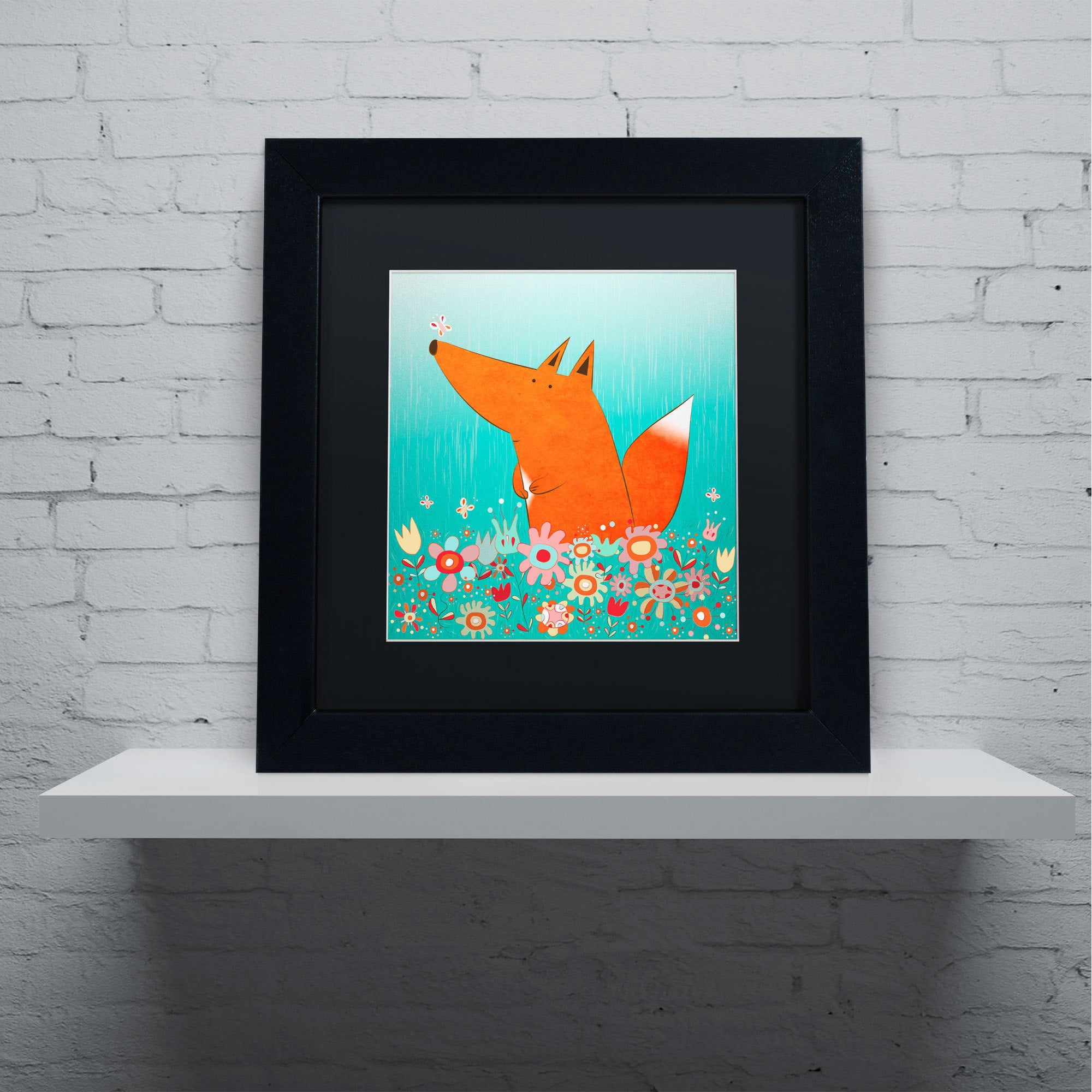 Carla Martell 'Fox in Flowers' Black Matted Framed Art